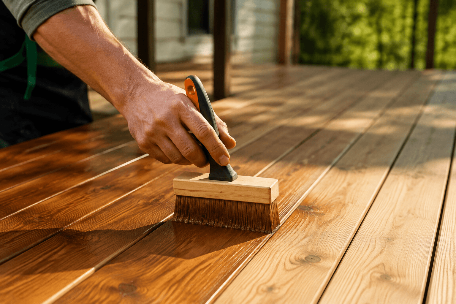 Hand-applying stain to cedar deck boards for lasting weather protection.