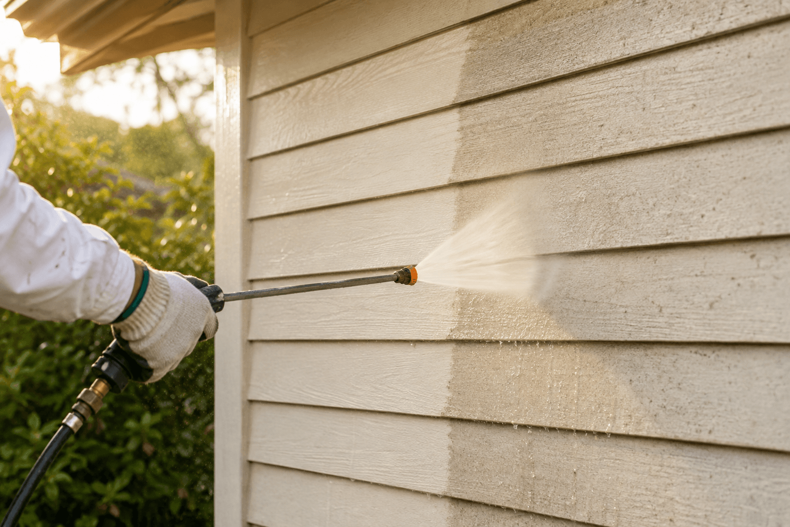 Pressure washing siding to remove dirt and chalking before priming and painting.